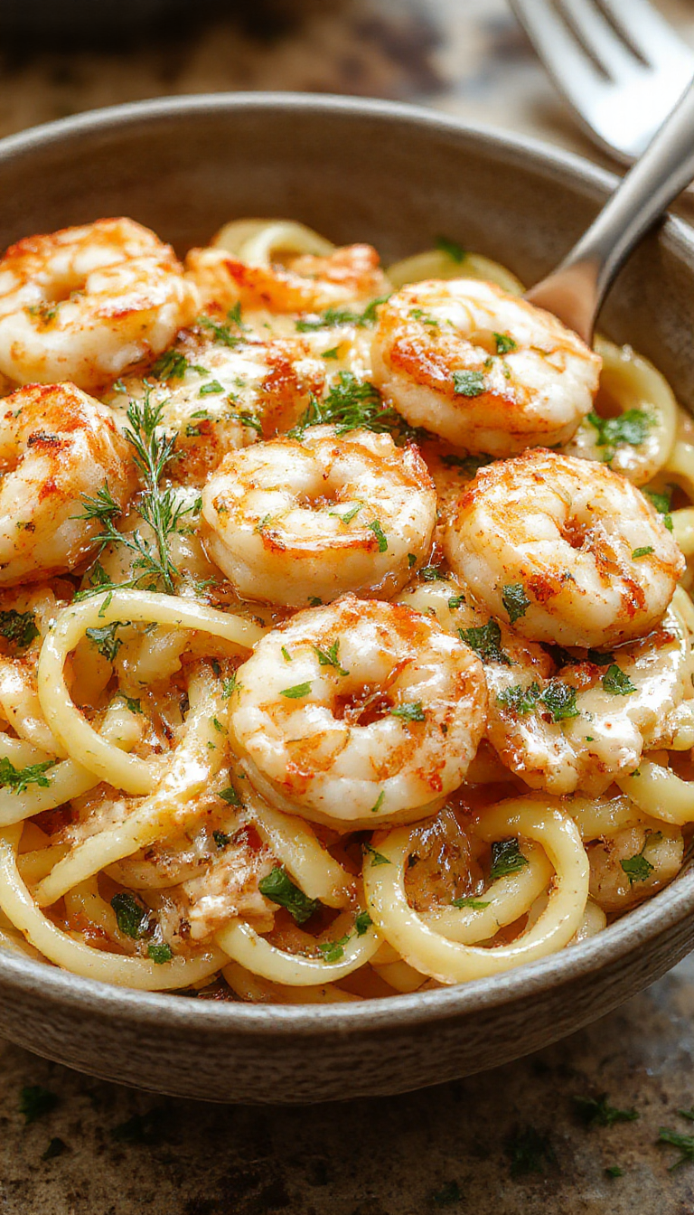 A plate of creamy garlic shrimp pasta garnished with fresh herbs and lemon slices, showcasing tender shrimp and coated pasta in a rich sauce.