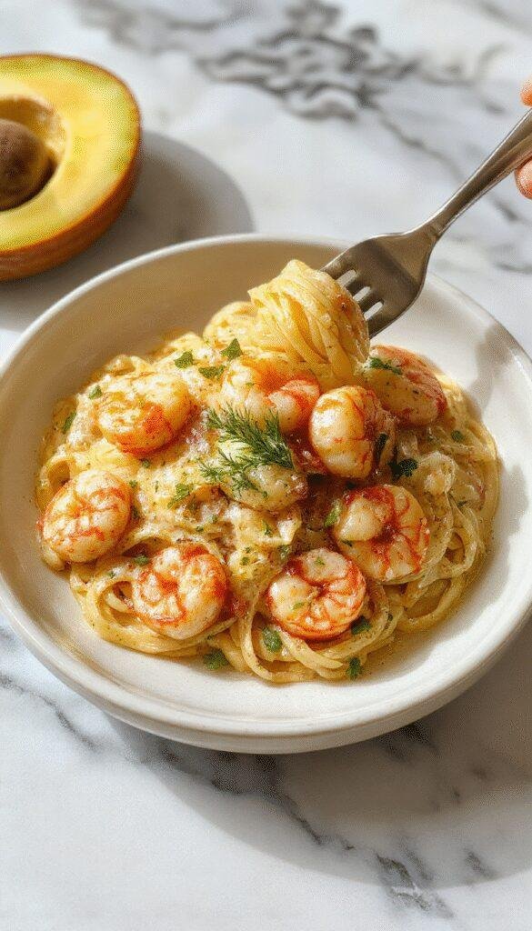 A vibrant plate of creamy garlic shrimp pasta featuring plump pink shrimp atop smooth, al dente pasta coated in a rich, creamy white sauce, garnished with fresh parsley and a sprinkle of grated cheese, presented on a rustic wooden table with a fork on the side.