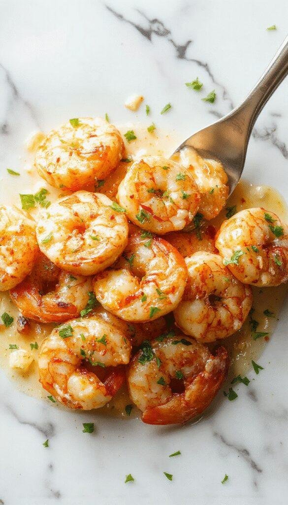 A vibrant plate of creamy garlic shrimp featuring plump, juicy shrimp coated in a rich, smooth garlic sauce. The dish is garnished with fresh parsley and served on a white plate, with a background of rustic wooden table and lemon wedges, showcasing a glossy, appetizing texture with a perfect balance of golden brown and creamy white colors.