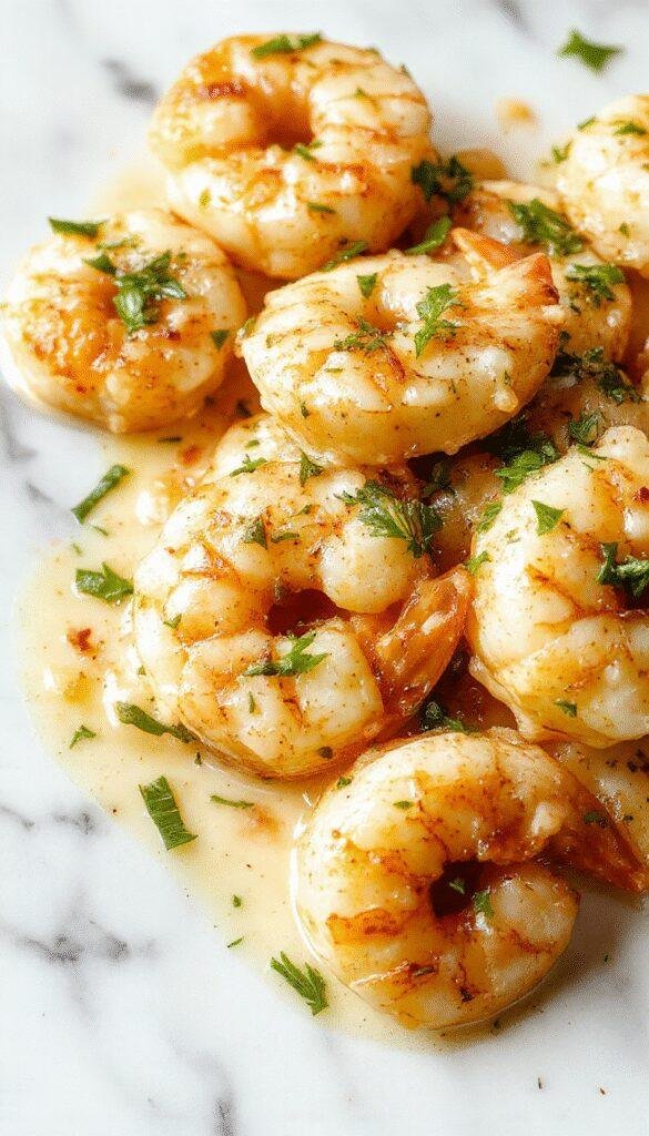 A vibrant plate of creamy garlic shrimp featuring plump, juicy shrimp coated in a rich, buttery garlic sauce. The shrimp are beautifully arranged on a white ceramic plate, garnished with fresh parsley and a lemon wedge. The background showcases a rustic wooden table, with a light drizzle of sauce and a hint of herbs, capturing the appetizing and savory appeal of the dish.