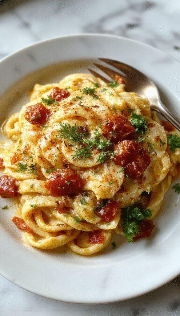 A close-up of a vibrant plate of creamy garlic tomato pasta. The dish features al dente spaghetti coated in a rich, creamy red sauce with visible bits of minced garlic and cherry tomato halves. Garnished with fresh basil leaves and a sprinkle of grated Parmesan cheese, the pasta is presented on a sleek white plate on a rustic wooden table, with a fork resting beside it and a drizzle of sauce accentuating its luscious texture.