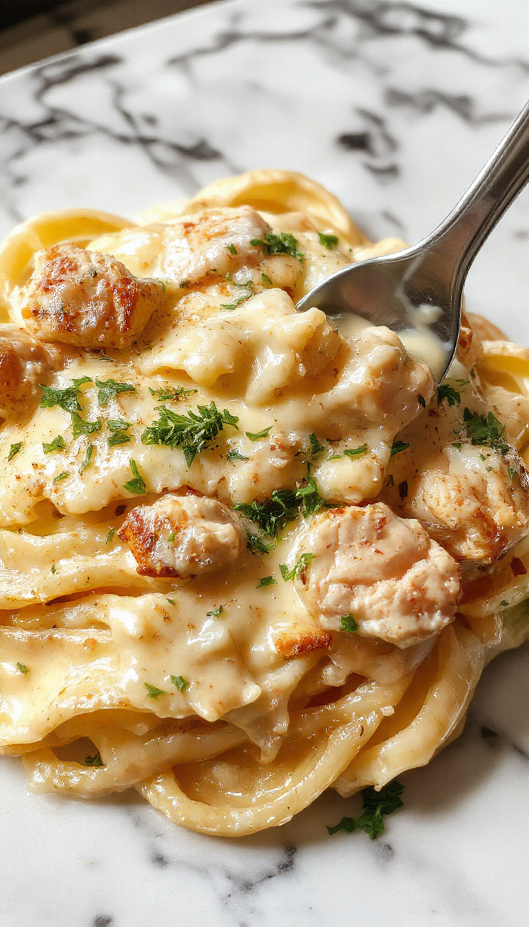 A close-up image of a vibrant plate of creamy chicken Alfredo pasta featuring tender grilled chicken slices atop a bed of silky, white Alfredo sauce coated pasta, garnished with freshly chopped parsley and a sprinkle of grated Parmesan cheese, served in a white ceramic dish with a sprig of basil on the side.