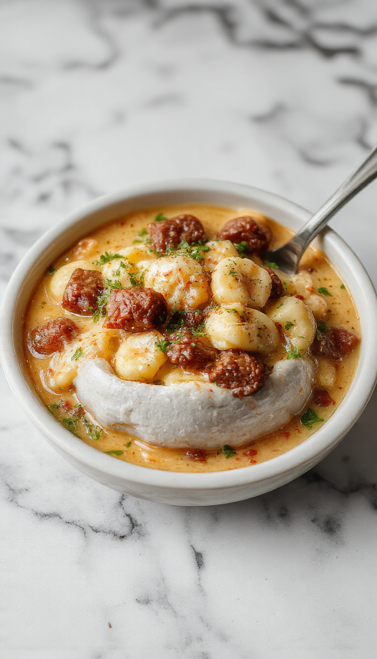 A steaming bowl of creamy Italian sausage gnocchi soup with vibrant green spinach, tender gnocchi, and sliced sausage, topped with grated Parmesan and fresh herbs, served in a rustic white bowl on a wooden table with a sprig of basil nearby.