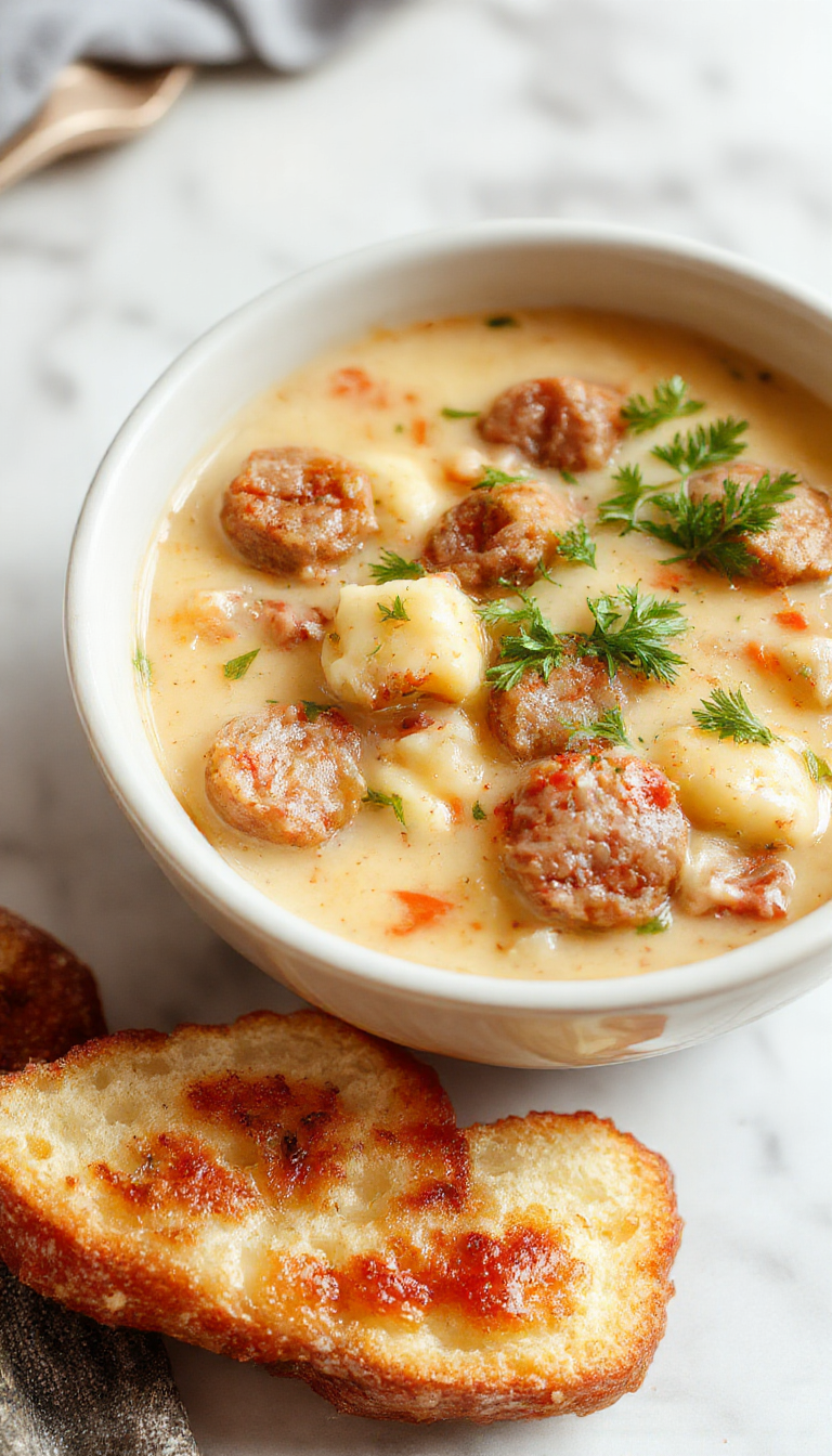 A bowl of creamy Italian sausage gnocchi soup featuring tender gnocchi, slices of sausage, fresh herbs, and a rich, velvety broth, garnished with grated cheese and chopped parsley, served in a rustic white bowl on a wooden table with a spoon.