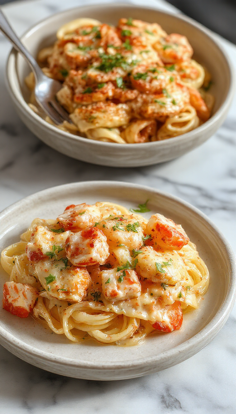 A luxurious creamy lobster pasta served on a white plate, garnished with fresh herbs and lemon wedges. The pasta appears al dente with a rich, velvety sauce, complemented by tender lobster pieces. The vibrant orange and white lobster meat balances with the green herbs, creating an appealing and indulgent presentation.