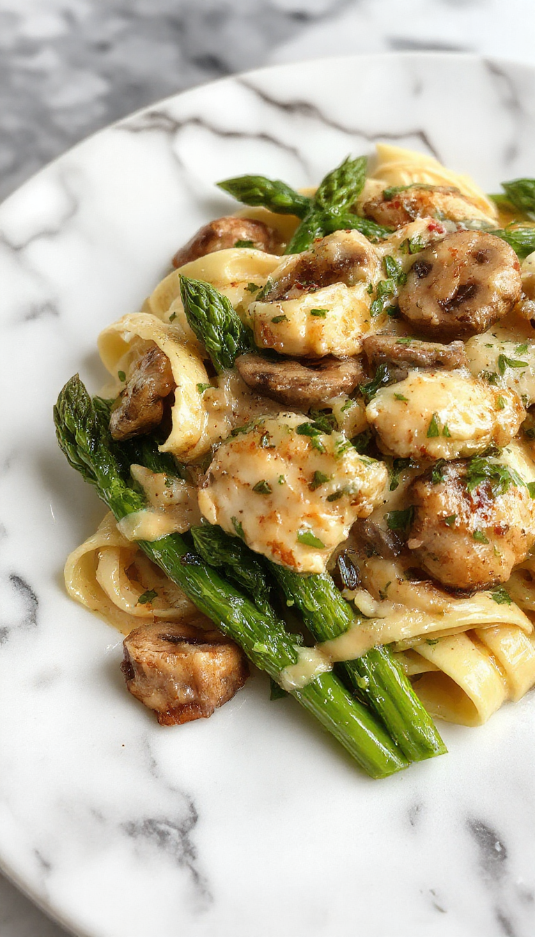 A close-up of a vibrant plate of creamy mushroom asparagus chicken penne, showcasing golden pasta, tender sautéed mushrooms, bright green asparagus tips, and juicy chicken pieces, garnished with fresh herbs on a rustic wooden surface with a drizzle of creamy sauce.