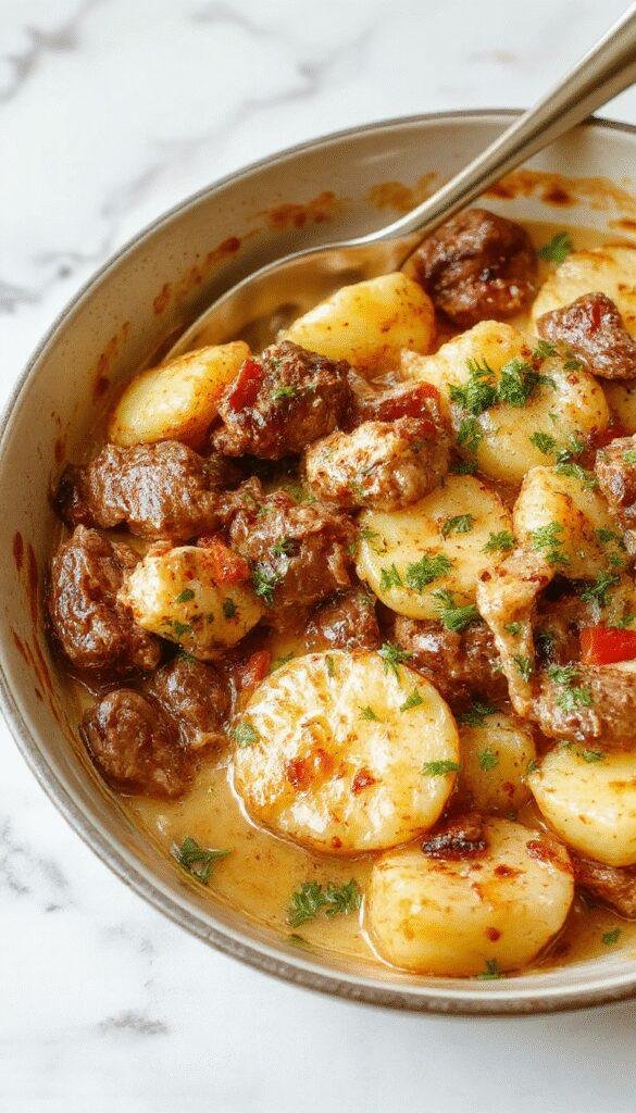 A vibrant image of a creamy meat and potato skillet served on a rustic wooden table. The dish features golden-brown roasted potatoes, tender slices of seasoned meat, and a rich, creamy sauce. Garnished with chopped herbs, the skillet's colorful ingredients contrast beautifully with the white creamy sauce, offering a cozy and inviting presentation perfect for an easy weeknight meal.