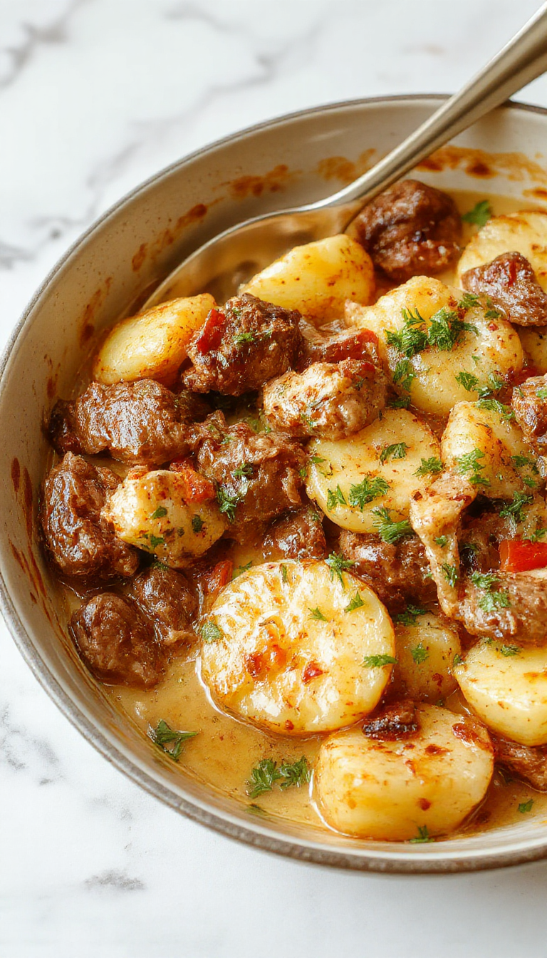A vibrant image of a creamy meat and potato skillet served on a rustic wooden table. The dish features golden-brown roasted potatoes, tender slices of seasoned meat, and a rich, creamy sauce. Garnished with chopped herbs, the skillet's colorful ingredients contrast beautifully with the white creamy sauce, offering a cozy and inviting presentation perfect for an easy weeknight meal.