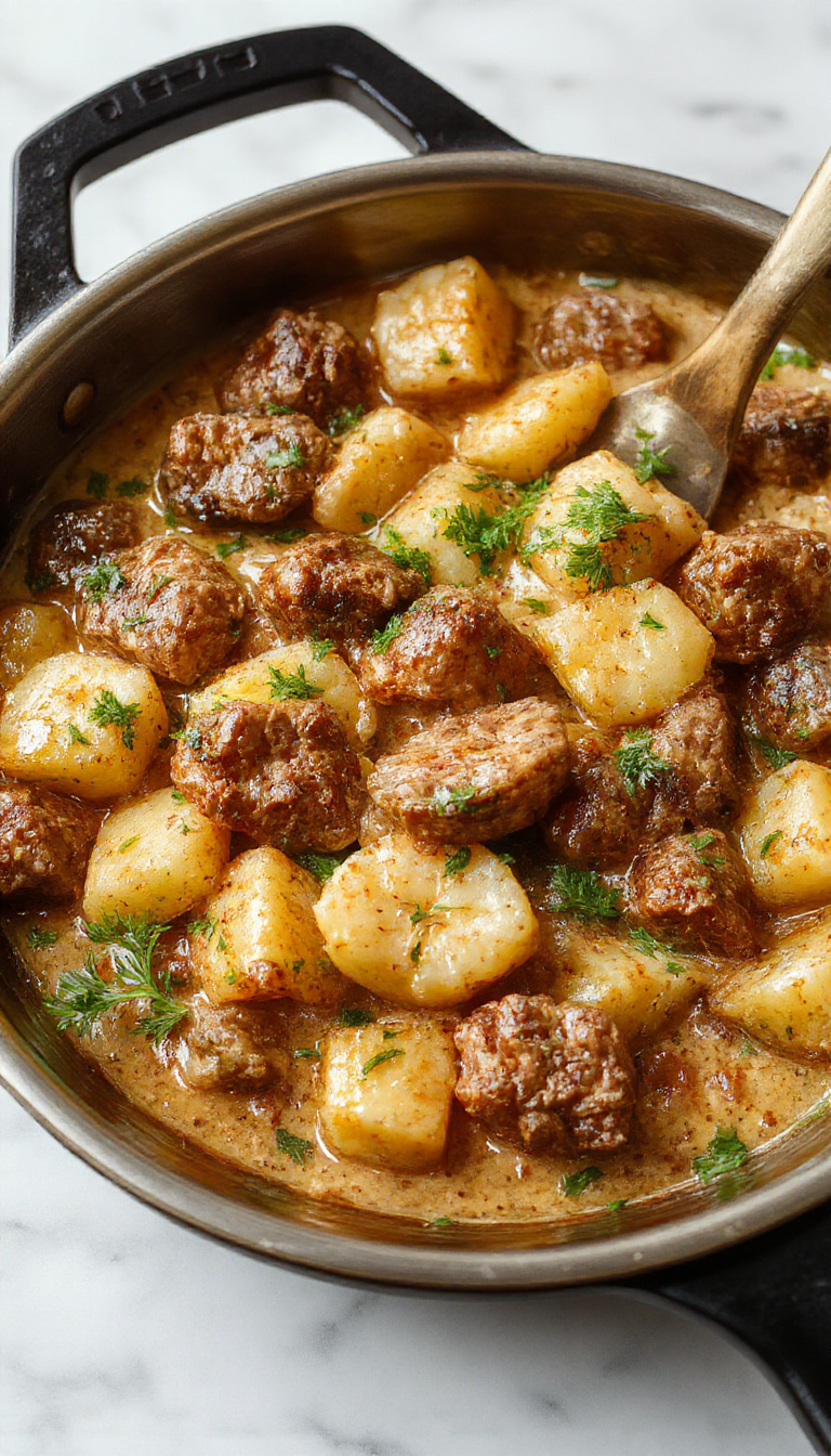 A vibrant skillet filled with creamy meat and tender potatoes, garnished with fresh herbs, served on a rustic wooden table with steam rising, showcasing golden-brown potatoes and juicy meat slices topped with a drizzle of creamy sauce.