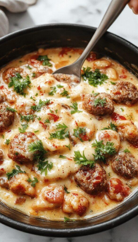 A vibrant skillet featuring creamy cheeseburger orzo with melted cheddar cheese, diced tomatoes, green onions, and ground beef on a rustic wooden table, styled with fresh herbs and a side of crusty bread