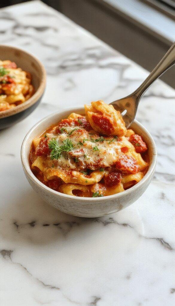 A vibrant bowl of creamy tomato pasta with a rich red sauce, garnished with fresh basil leaves and grated Parmesan cheese, served on a rustic wooden table with a beige napkin and silver fork, highlighting the creamy texture and colorful ingredients.