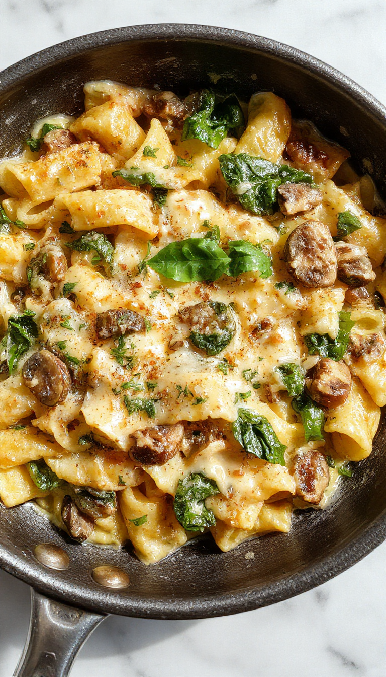 A vibrant plate of creamy parmesan spinach mushroom pasta in a rustic skillet, garnished with fresh basil and grated parmesan, showcasing tender pasta coated in a rich, cheesy sauce with sautéed spinach and mushrooms, styled casually with a wooden background and natural lighting highlighting the textures and colors.