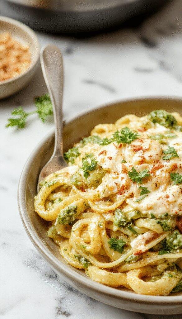 A close-up of a creamy pesto pasta served in a white bowl, showcasing a vibrant green pesto sauce coating al dente linguine, garnished with fresh basil leaves and grated Parmesan cheese. The background features a rustic wooden table with a sprinkle of pine nuts and cherry tomato halves for added color and texture.