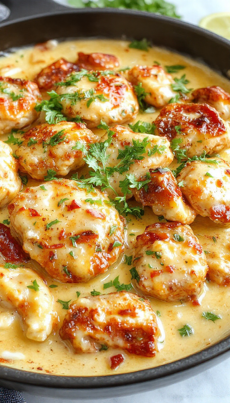 A sizzling skillet of Creamy Roadhouse Chicken with golden-brown chicken breasts topped with creamy sauce and fresh herbs, served with side vegetables.