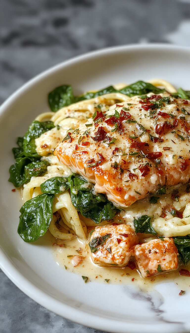 A vibrant plate of creamy salmon spinach pasta featuring tender salmon chunks, fresh sautéed spinach, and a rich, velvety sauce, garnished with parsley and served on a white ceramic dish with a fork on the side, all set against a rustic wooden table with natural lighting.