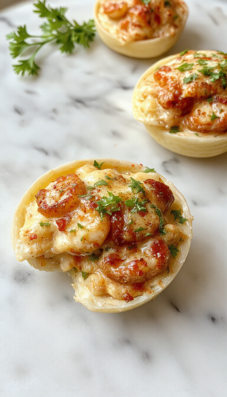 A close-up of creamy seafood stuffed large pasta shells arranged on a white plate, topped with melted cheese and fresh herbs, garnished with lemon wedges, with a rustic wooden table background showing colorful vegetables and a fork with a shell on it.