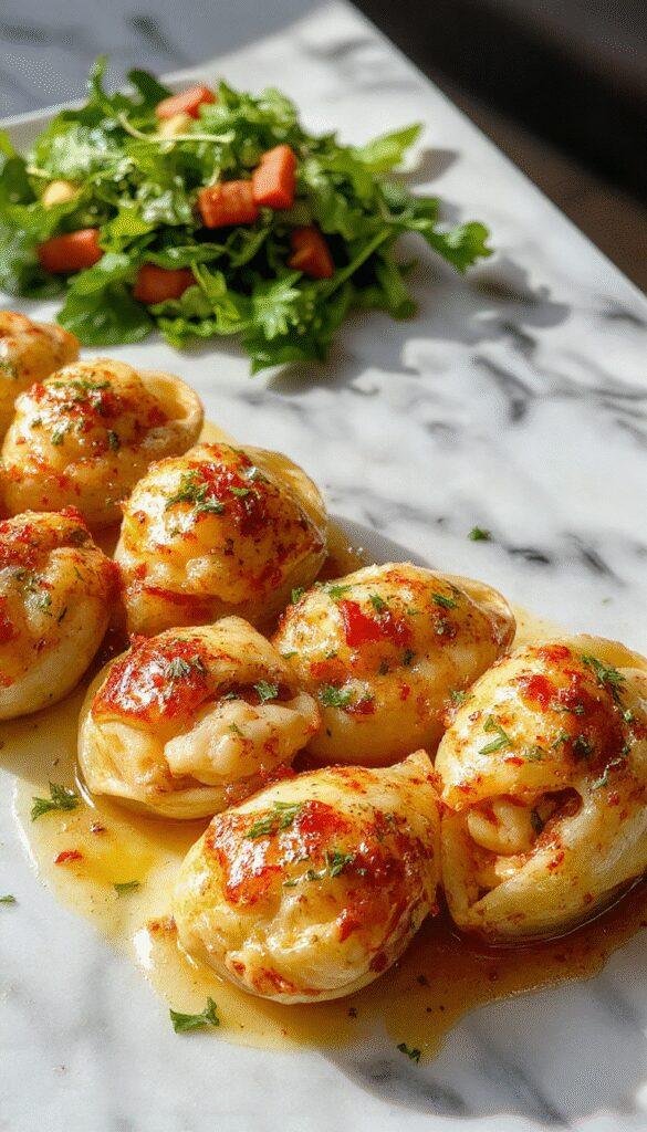 A close-up of creamy seafood stuffed shell pasta arranged on a white plate, topped with fresh parsley and grated cheese, with a rich, cheesy sauce visible inside the shells, styled with a rustic wooden table background.