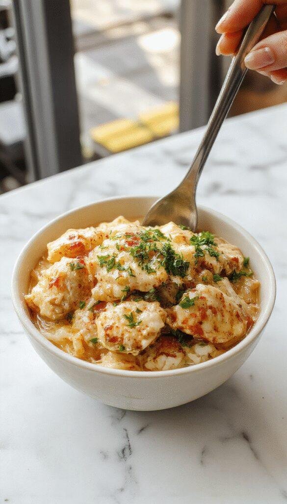 A vibrant plate featuring tender shredded chicken smothered in rich creamy sauce atop fluffy steamed rice, garnished with chopped parsley for color, served on a rustic wooden table with a side of fresh vegetables.