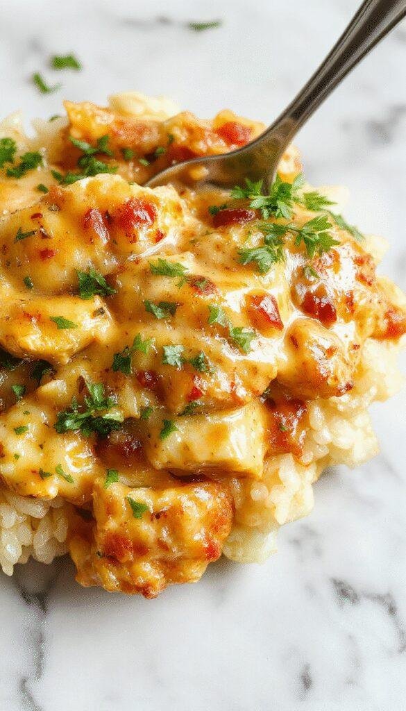 A vibrant plate featuring tender shredded chicken smothered in a creamy white sauce, topped with chopped herbs, served alongside fluffy rice garnished with parsley, presented on a rustic white plate with a wooden background, showcasing textures of creamy sauce and perfectly cooked rice.