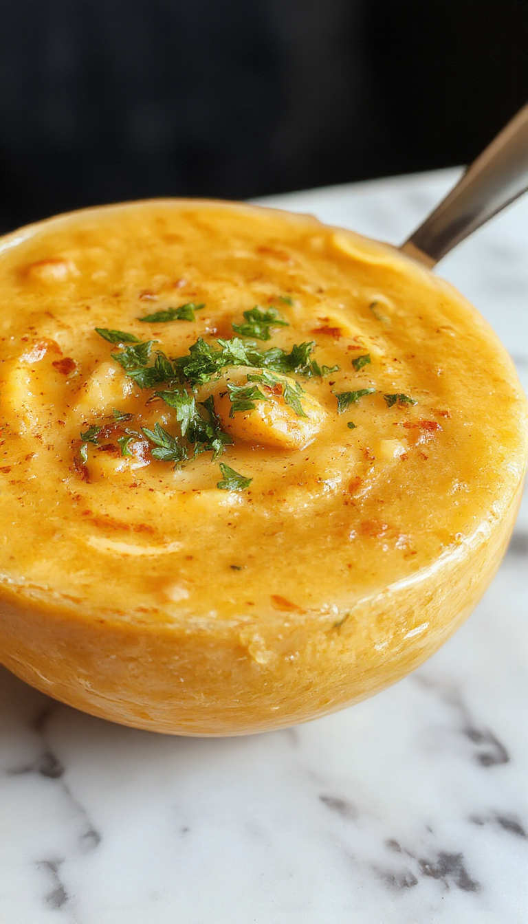 A vibrant bowl of orange-spiced butternut squash and sweet potato soup topped with a swirl of cream, garnished with chopped herbs and a sprinkle of chili flakes, served in a rustic white bowl on a wooden table with fresh ingredients around.