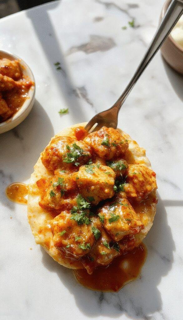 A vibrant plate of chicken tikka masala featuring tender chicken chunks in a rich, orange-red creamy sauce garnished with fresh cilantro, served on a white ceramic plate with a side of basmati rice and naan bread, set against a rustic wooden table with warm ambient lighting.