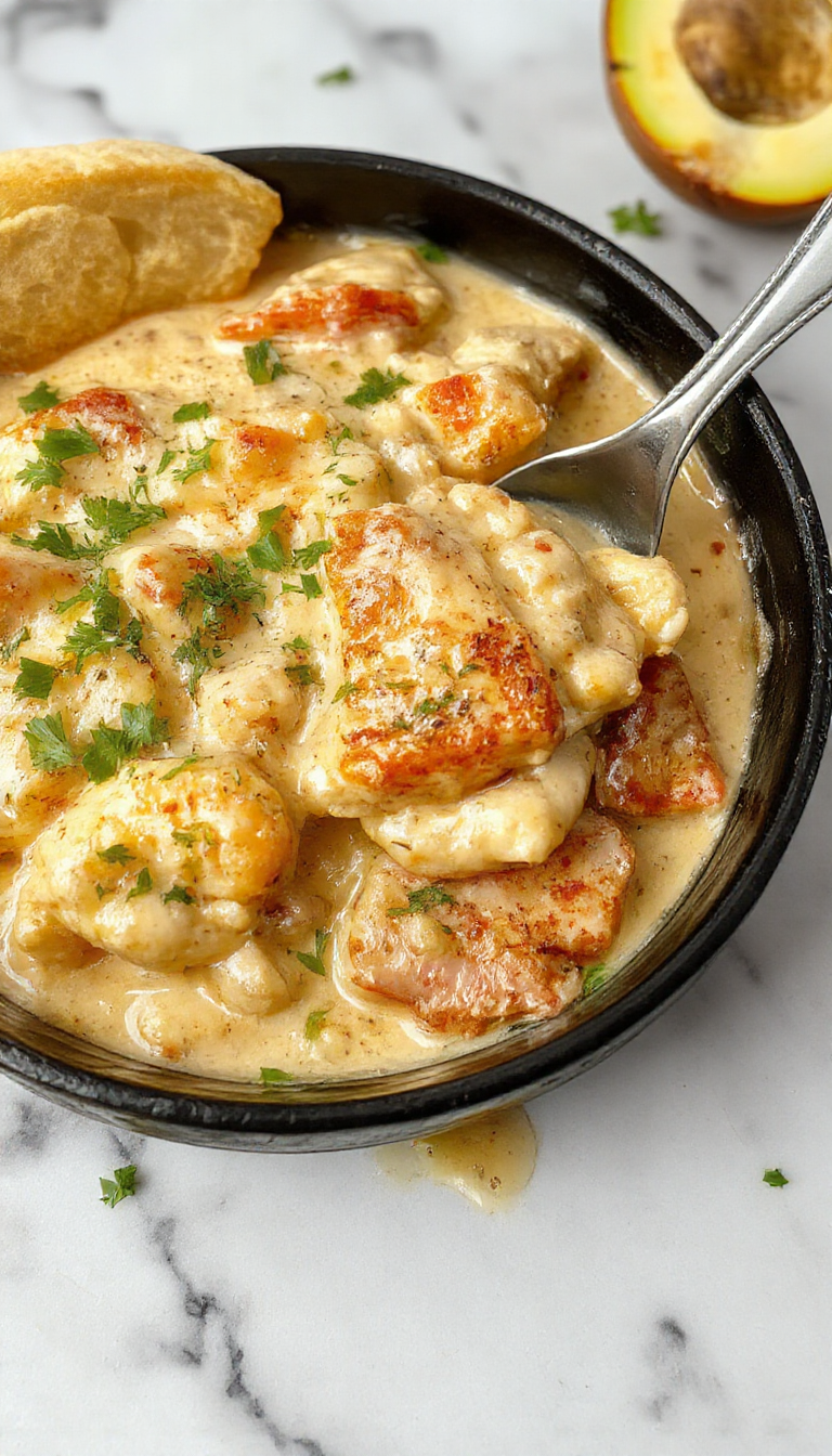 A vibrant skillet filled with creamy butter chicken featuring golden-brown chicken pieces coated in a rich, buttery sauce. Garnished with chopped parsley, served on a rustic wooden table with a side of fresh herbs and a drizzle of sauce across the chicken for an appetizing look.