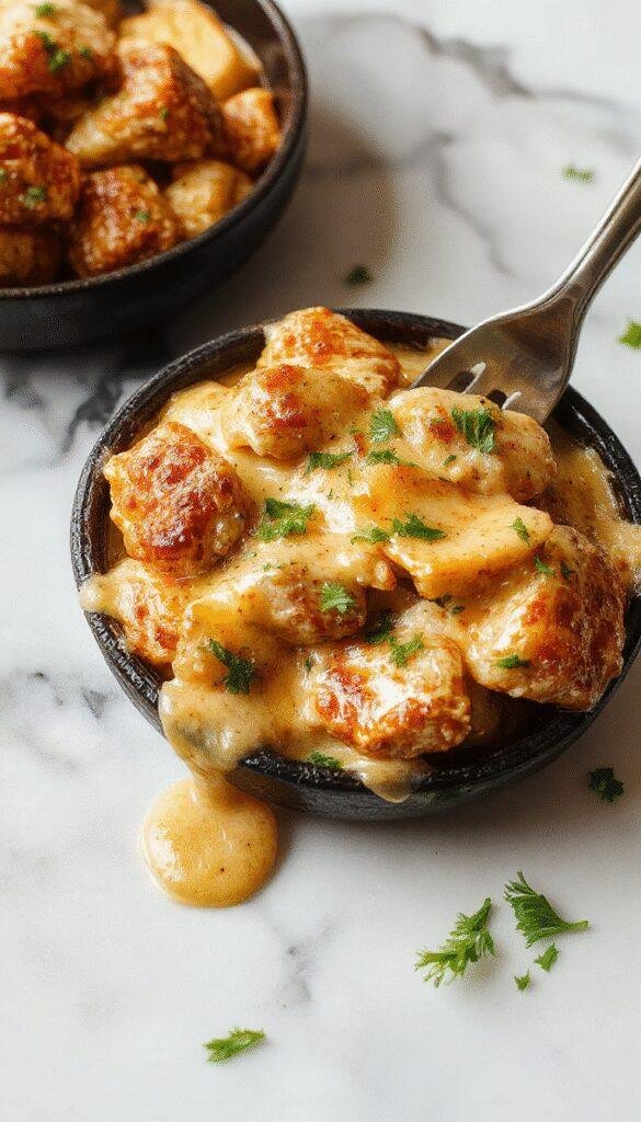 A vibrant, golden-brown skillet filled with tender butter chicken pieces coated in a rich, creamy sauce. Garnished with fresh herbs and served alongside colorful vegetables, the dish is presented on a rustic wooden table with a drizzle of sauce and a sprinkle of herbs for an inviting, hearty appearance.