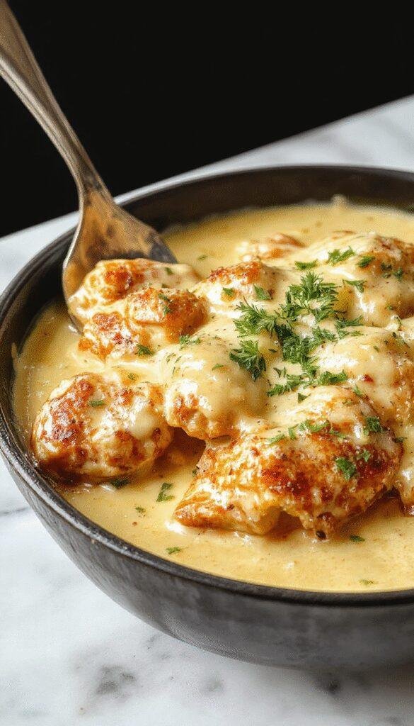 A vibrant skillet of butter chicken featuring tender pieces of chicken coated in a rich, creamy sauce, garnished with fresh herbs and served alongside warm bread. The dish has a golden-brown crust with glistening sauce, set on a rustic wooden table with colorful rustic background accents.