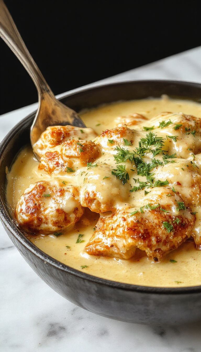 A vibrant skillet of butter chicken featuring tender pieces of chicken coated in a rich, creamy sauce, garnished with fresh herbs and served alongside warm bread. The dish has a golden-brown crust with glistening sauce, set on a rustic wooden table with colorful rustic background accents.