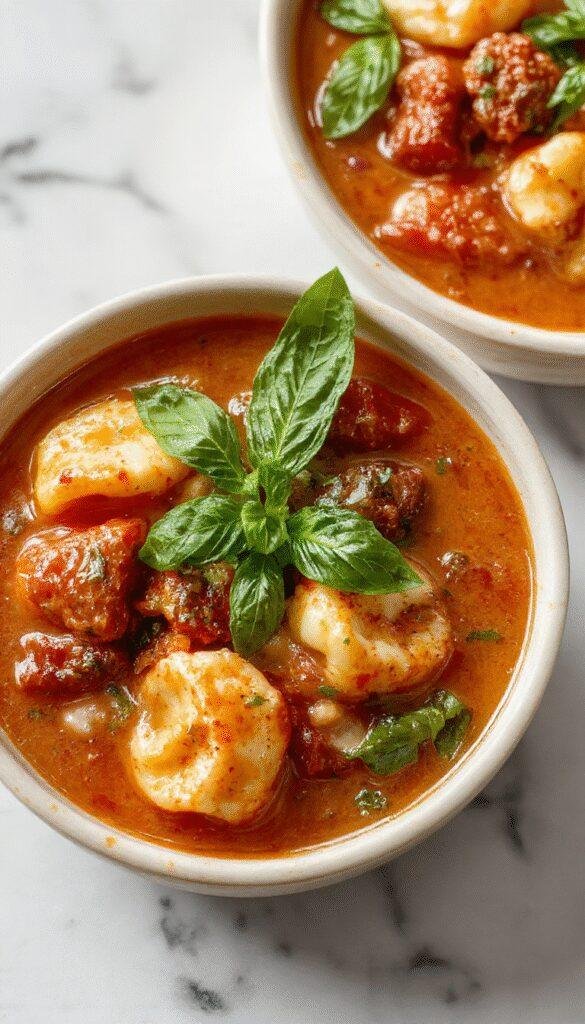 A vibrant bowl of tomato tortellini soup featuring golden tortellini submerged in a rich, red tomato broth, garnished with fresh basil leaves, topped with grated Parmesan cheese, and served in a rustic ceramic bowl on a wooden table with a spoon beside it.