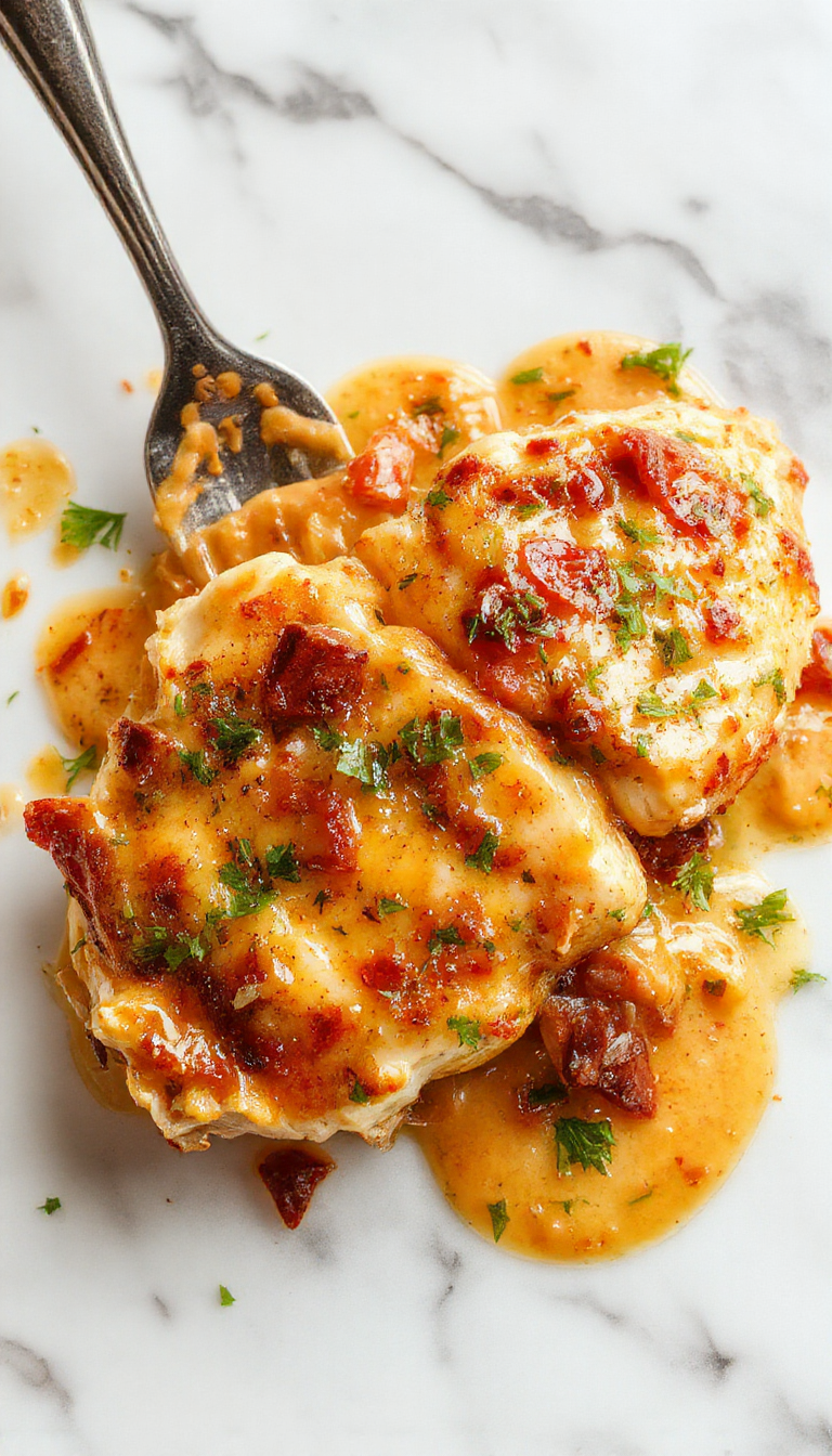 A close-up of a skillet filled with golden-brown creamy Tuscan chicken topped with fresh chopped parsley, sun-dried tomatoes, and spinach around the edges, with a glossy sauce coating the tender pieces of chicken, served on a rustic wooden platter