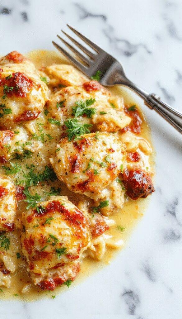 A close-up of a savory baked dish featuring tender chunks of chicken and orzo pasta, topped with a vibrant green basil garnish and melted cheese, served on a rustic ceramic plate with a golden-brown crust and fresh herbs scattered around.