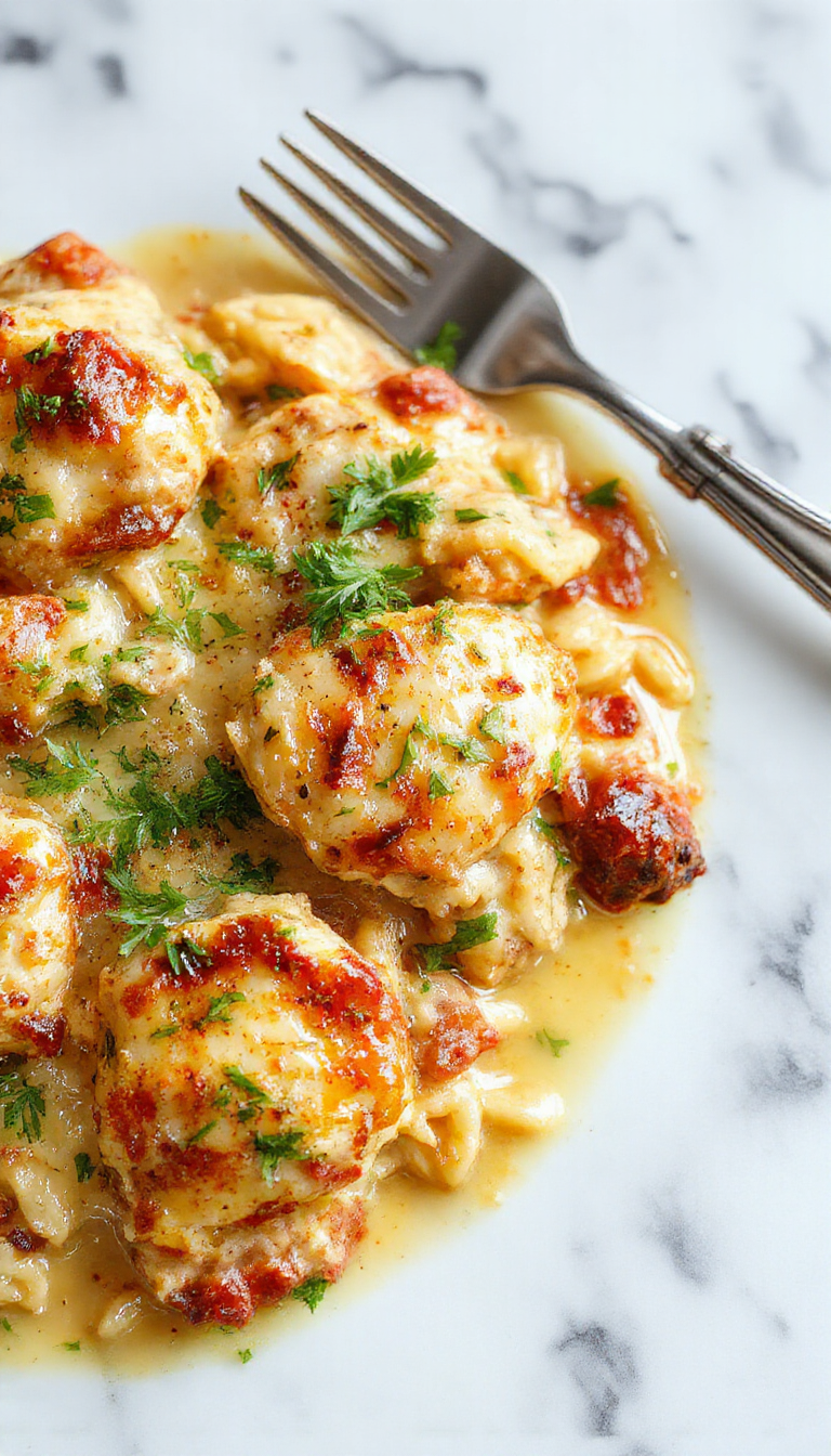 A close-up of a savory baked dish featuring tender chunks of chicken and orzo pasta, topped with a vibrant green basil garnish and melted cheese, served on a rustic ceramic plate with a golden-brown crust and fresh herbs scattered around.