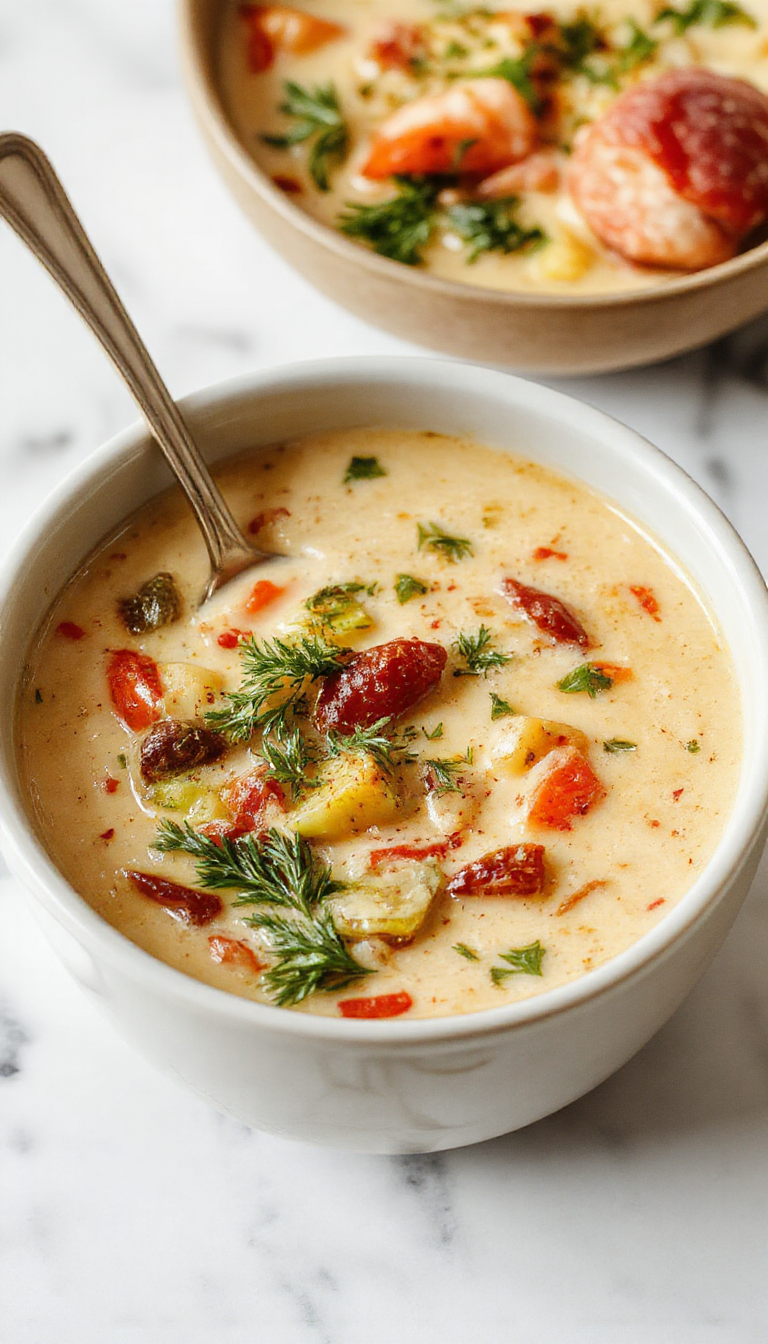 A steaming bowl of creamy vegetable soup garnished with fresh herbs, colorful chunks of carrots, zucchini, and leafy greens in a rustic white bowl on a wooden surface with a side of crusty bread