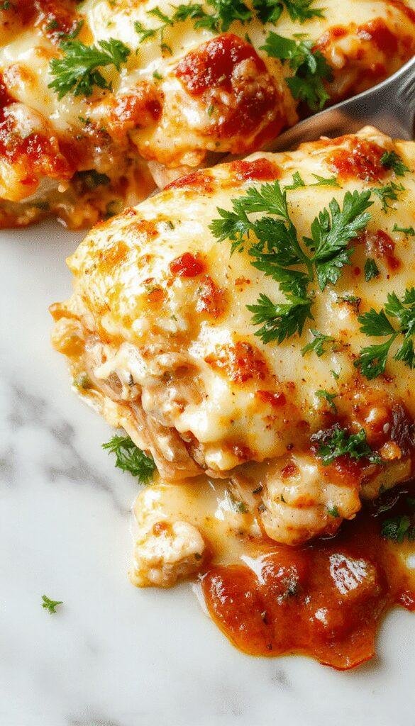 A close-up of a skillet filled with layered creamy white chicken lasagna, featuring golden melted cheese on top, tender chicken pieces, and visible layers of pasta and sauce, garnished with fresh basil leaves.