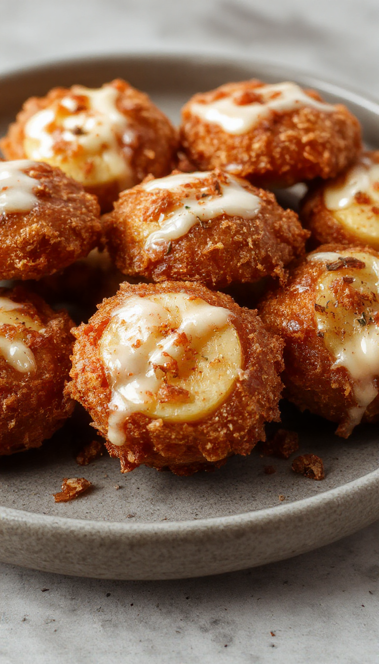 Golden crispy air-fried apple delights garnished with powdered sugar, served on a rustic plate with a side of caramel drizzle.