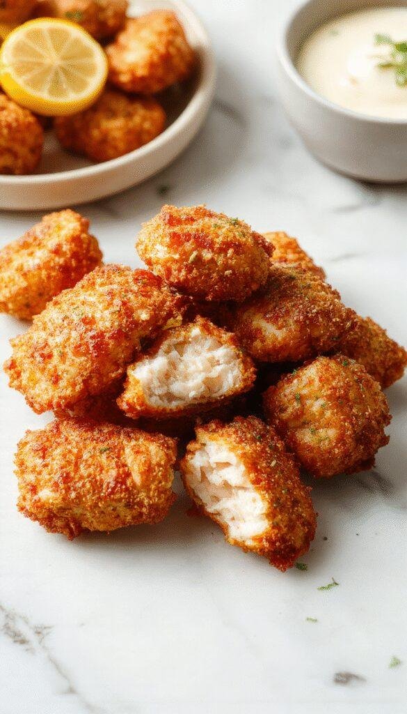 Colorful plate of golden-brown lemon chicken bites arranged on a white serving dish with fresh lemon wedges, garnished with chopped herbs, set against a rustic wooden table with lemon slices and a sprig of parsley, with a crispy textured surface highlighting the juicy chicken inside.