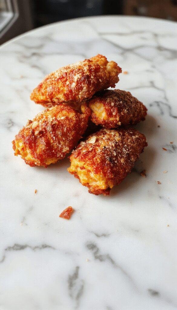 Golden-brown crispy chicken tenders arranged on a white plate, served with a small bowl of dipping sauce, garnished with fresh herbs, and placed on a rustic wooden table.