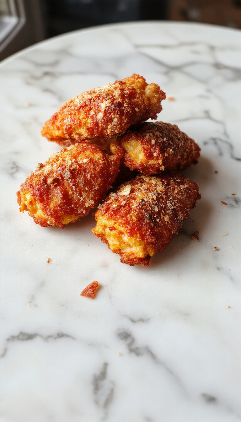 Golden-brown crispy chicken tenders arranged on a white plate, served with a small bowl of dipping sauce, garnished with fresh herbs, and placed on a rustic wooden table.