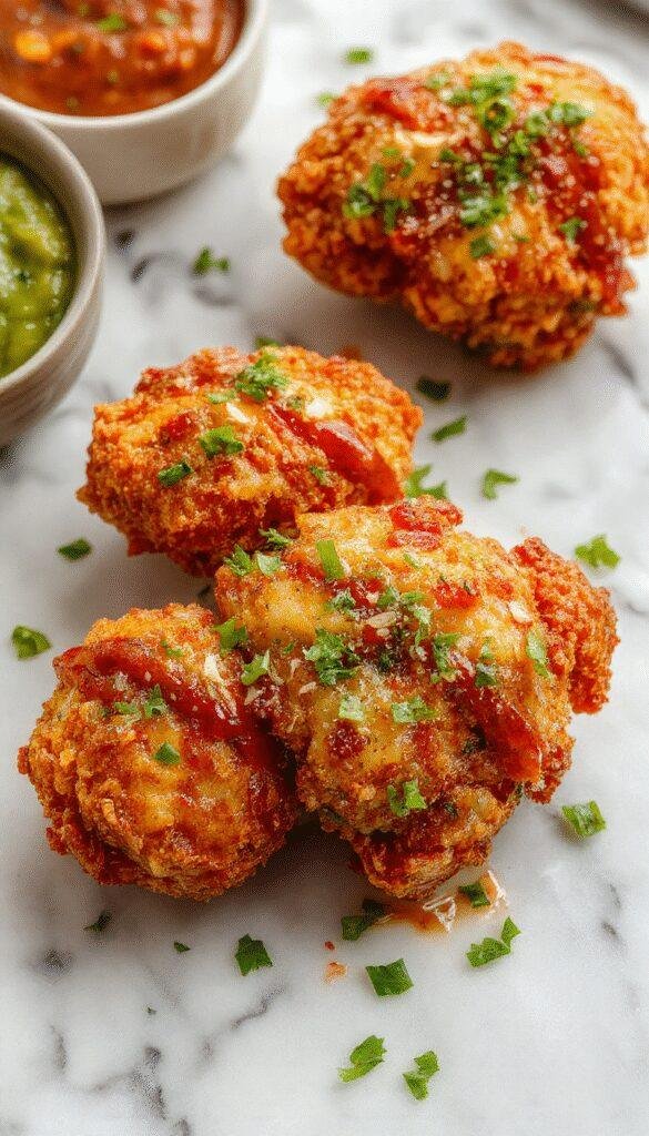 A close-up shot of crispy Bang Bang Chicken arranged on a white plate, topped with a vibrant orange sauce and garnished with thinly sliced green onions and sesame seeds. The chicken pieces have a golden-brown, crunchy coating and are streaked with the glossy, spicy sauce, creating an inviting contrast of textures and colors.