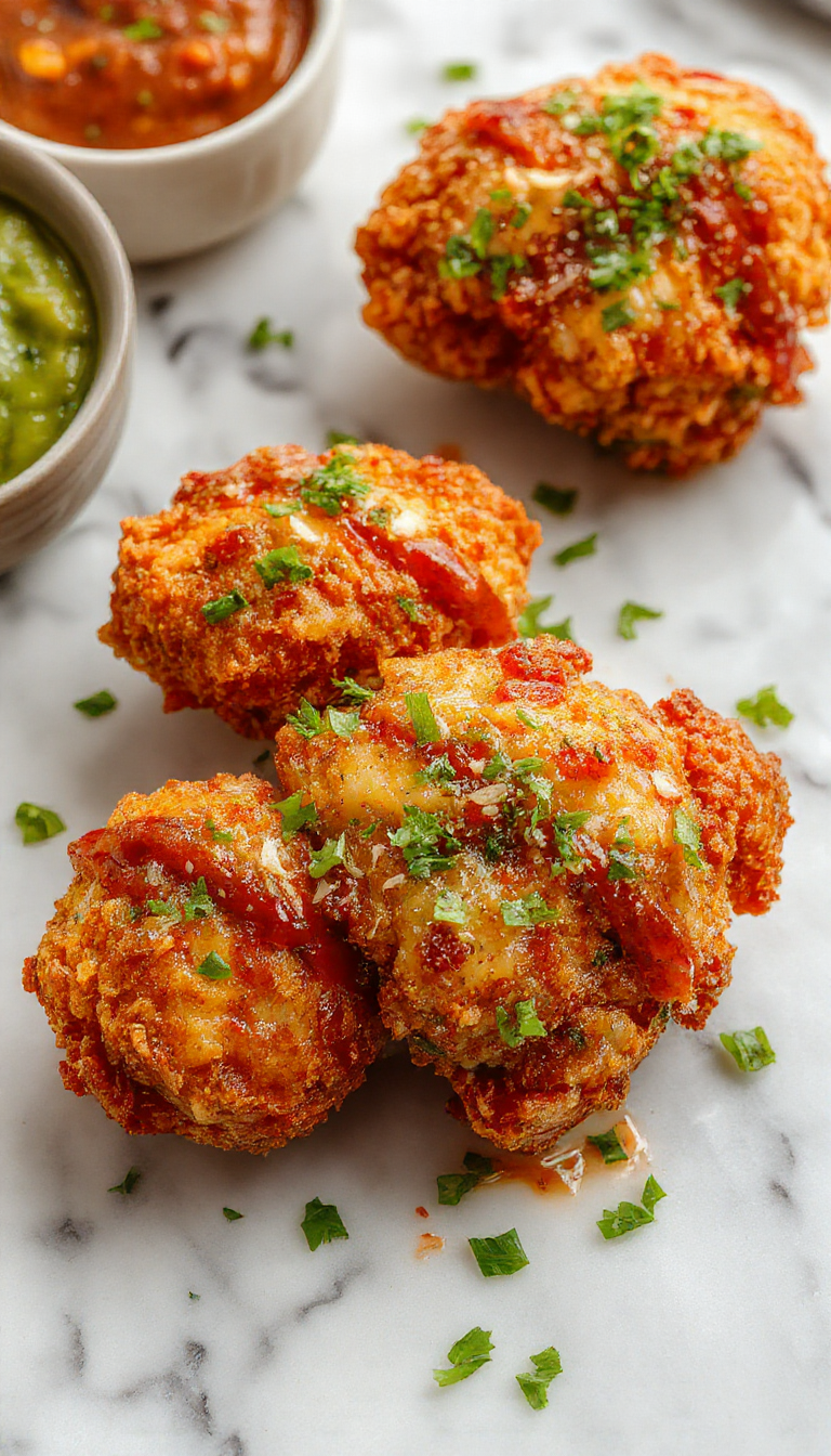 A close-up shot of crispy Bang Bang Chicken arranged on a white plate, topped with a vibrant orange sauce and garnished with thinly sliced green onions and sesame seeds. The chicken pieces have a golden-brown, crunchy coating and are streaked with the glossy, spicy sauce, creating an inviting contrast of textures and colors.