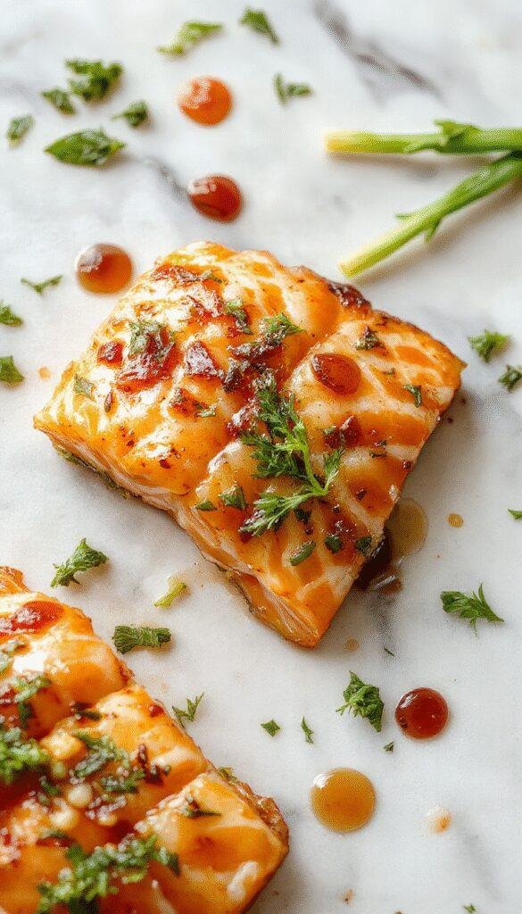A beautifully plated crispy salmon fillet glazed with shiny honey garlic sauce, garnished with fresh herbs and sesame seeds, served on a white ceramic plate with a vibrant lemon wedge and green vegetables in the background, highlighting the glossy texture and crispy edges of the fish.