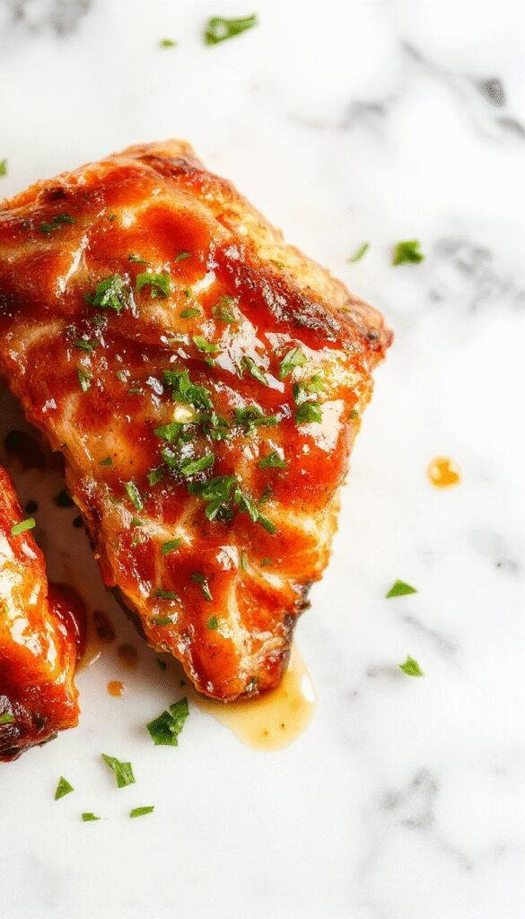 A beautifully plated crispy salmon fillet glazed with shiny honey garlic sauce, garnished with fresh herbs on a rustic wooden plate, showcasing a golden-brown, crispy exterior and tender pink interior, vibrant green herbs add freshness, and a drizzle of honey glaze shines under soft lighting.