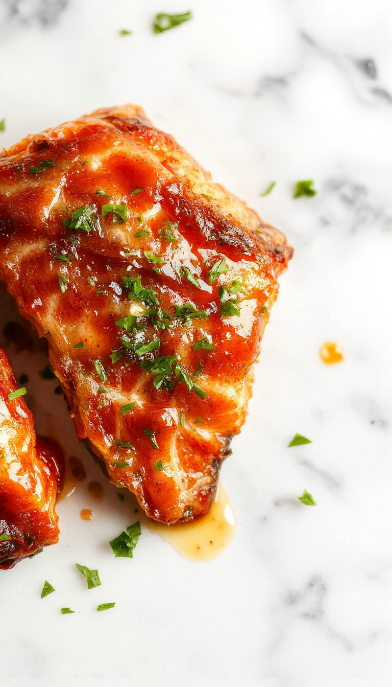 A beautifully plated crispy salmon fillet glazed with shiny honey garlic sauce, garnished with fresh herbs on a rustic wooden plate, showcasing a golden-brown, crispy exterior and tender pink interior, vibrant green herbs add freshness, and a drizzle of honey glaze shines under soft lighting.