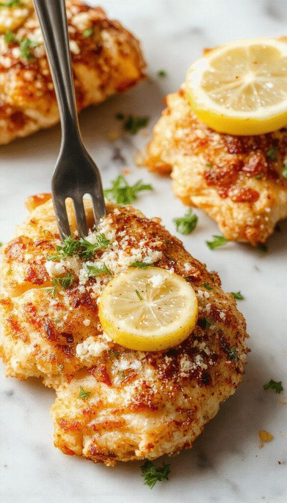 A close-up of golden-brown crispy chicken topped with grated pecorino cheese and slices of fresh lemon, arranged on a white plate with a lemon wedge garnish, garnished with herbs, with a textured wooden table background.