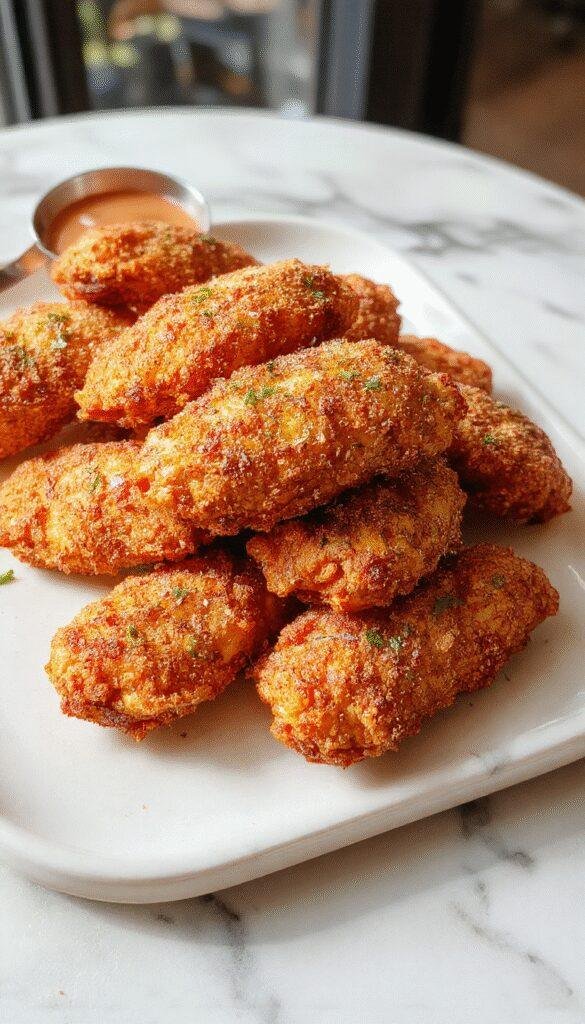 A close-up of golden crispy baked chicken tenders on a white plate, garnished with fresh herbs, with a crispy texture visible, served alongside a small bowl of dipping sauce, set on a rustic wooden table with a green leafy background.