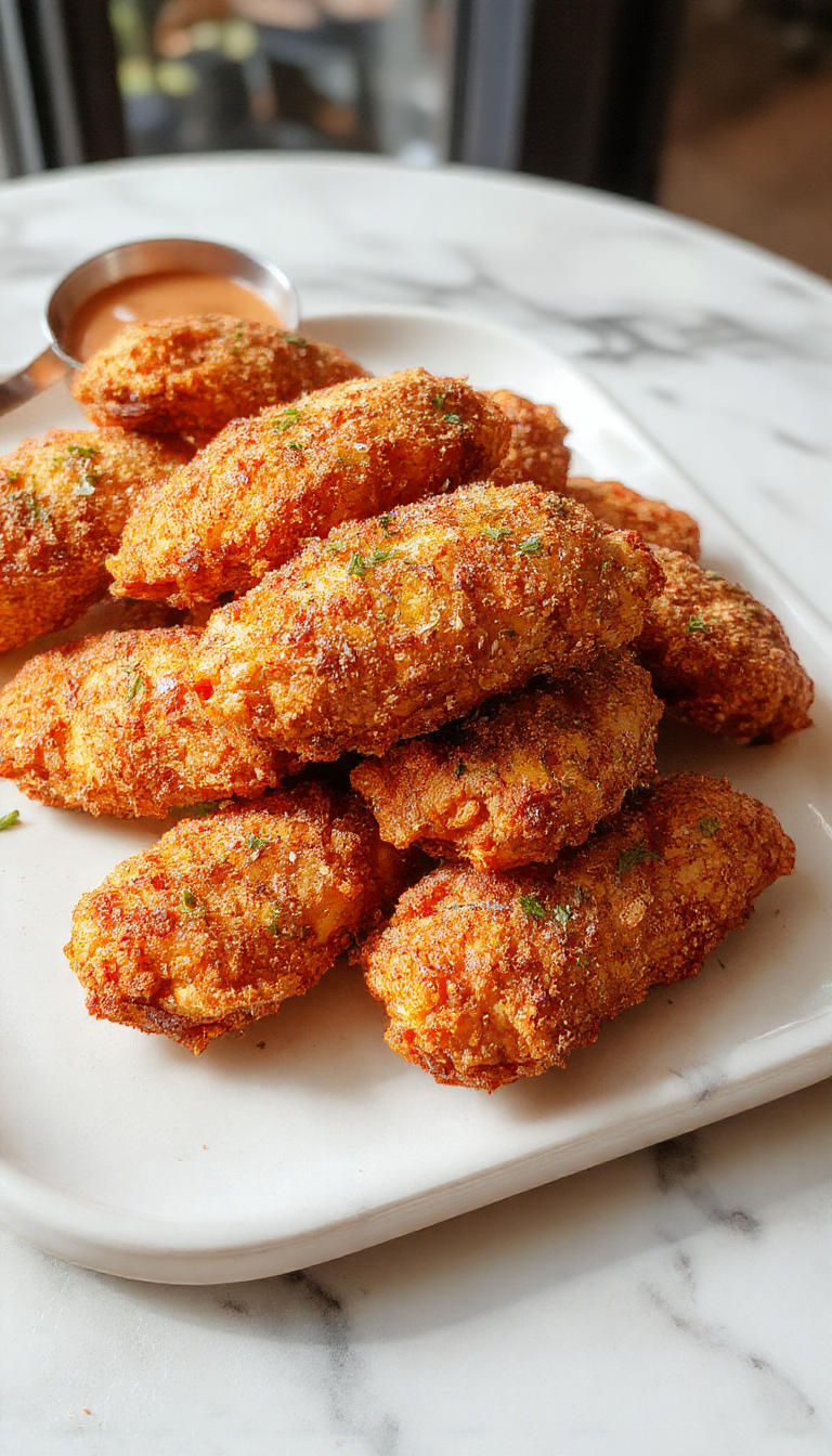 A close-up of golden crispy baked chicken tenders on a white plate, garnished with fresh herbs, with a crispy texture visible, served alongside a small bowl of dipping sauce, set on a rustic wooden table with a green leafy background.