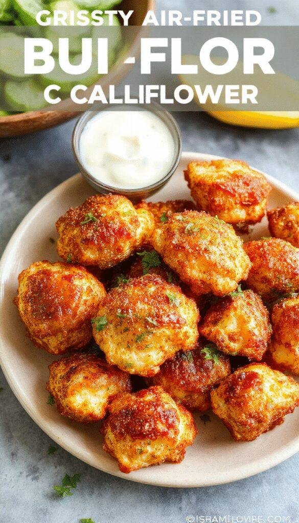 Crispy zesty air-fried buffalo cauliflower bites arranged on a plate with a side of celery sticks and blue cheese dip, garnished with chopped parsley.