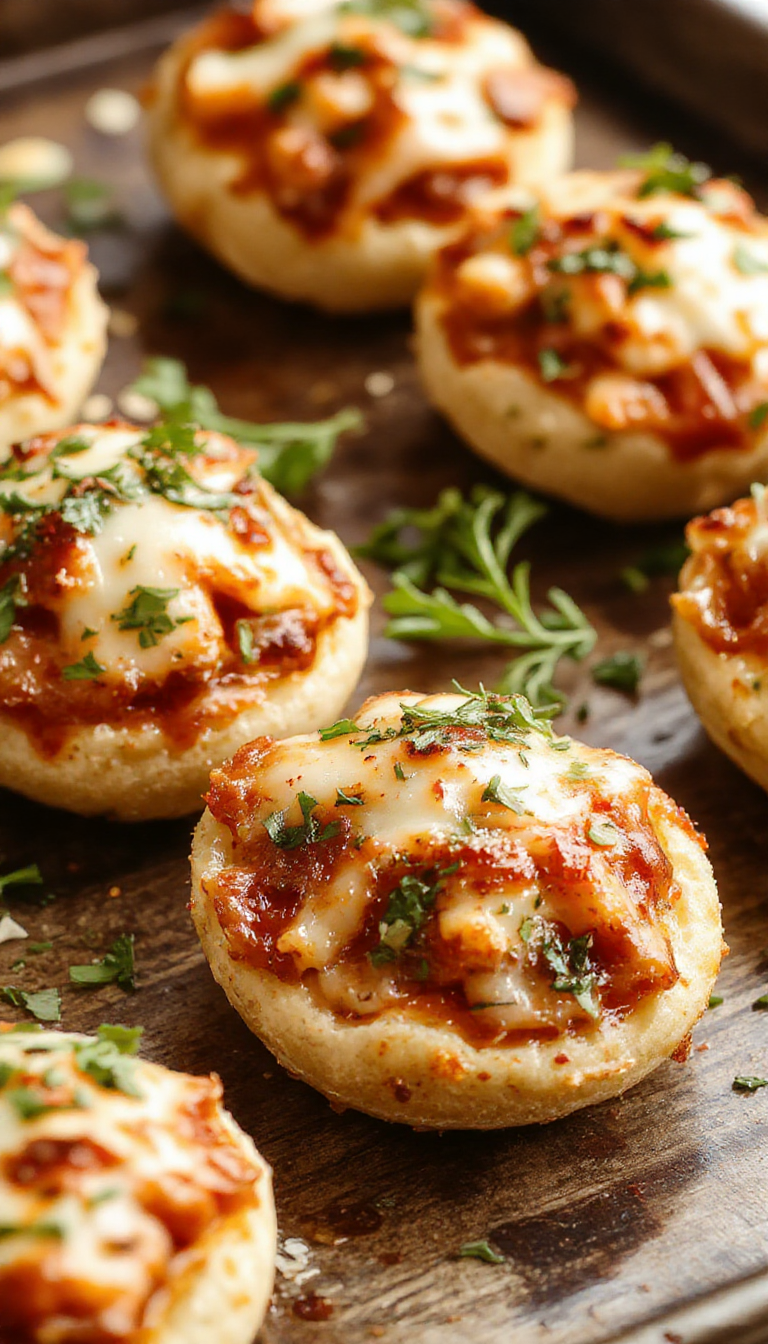 A plate of golden-brown savory pizza bites garnished with herbs, perfect for a party appetizer.