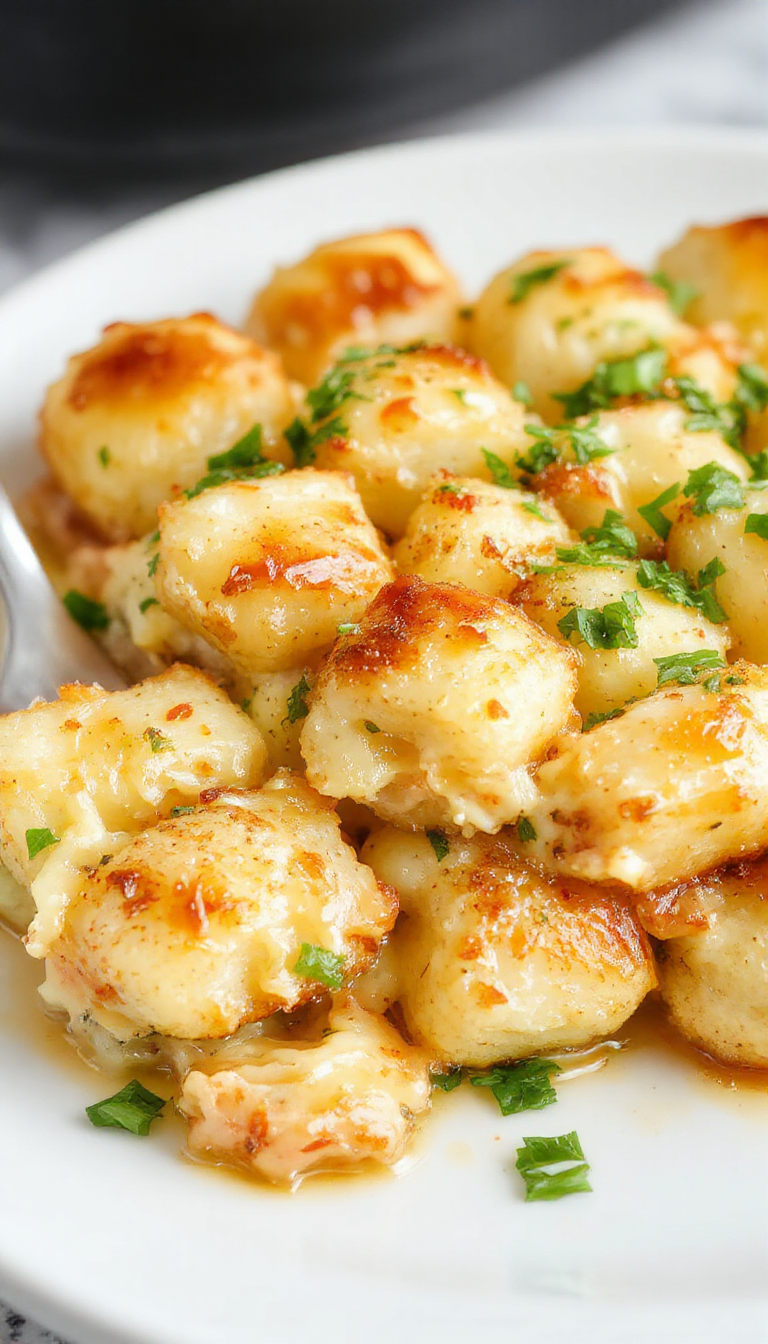 A hearty dish of tater tot casserole in a baking dish with melted cheese, crispy tater tots on top, and garnished with fresh herbs.